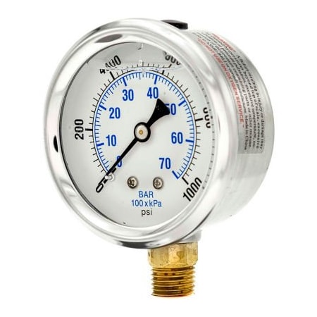 Engineered Specialty Products, Inc Pic Gauges 2-1/2" Vacuum Gauge, Liquid Filled, 1000 PSI, Stainless Case, Lower Mount, PRO-201L-254M PRO-201L-254M